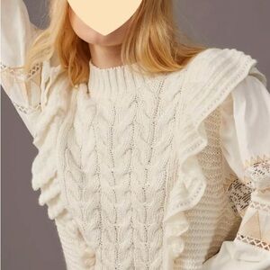 Anthropologie Cream Cable Knit Sweater with Ruffles